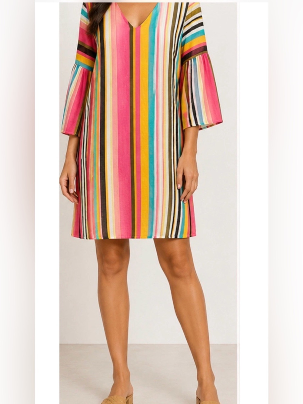 Listicle Womens Medium Multicolor Striped Bell Sleeve Shift Dress Boho Tunic